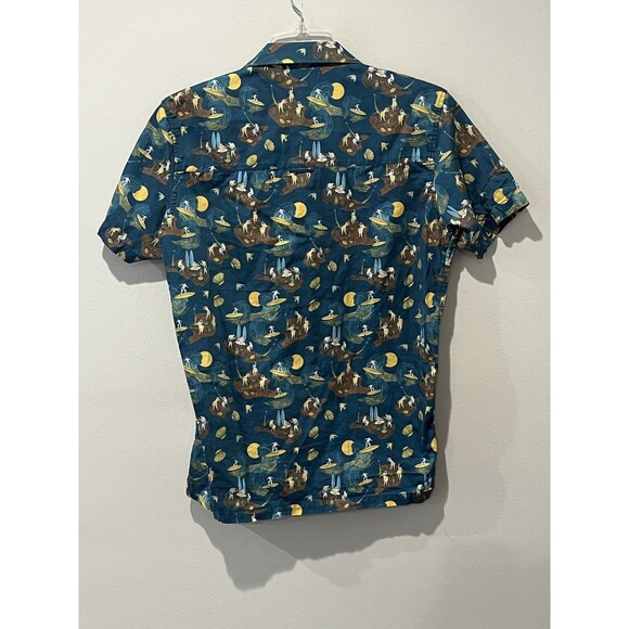 Far Afield Shirt Men’s 2 Medium Hawaiian Floral Hula Surfer Blue Green Aloha - Picture 2 of 8